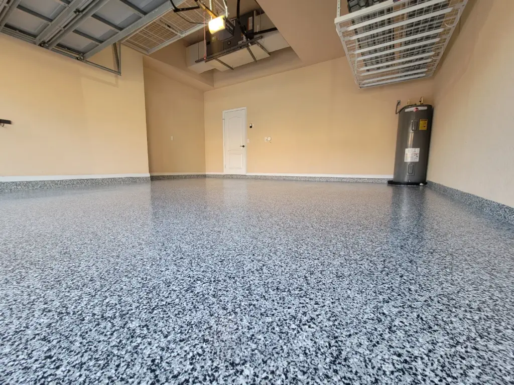 View of a newly finished gray epoxy floor from doorway